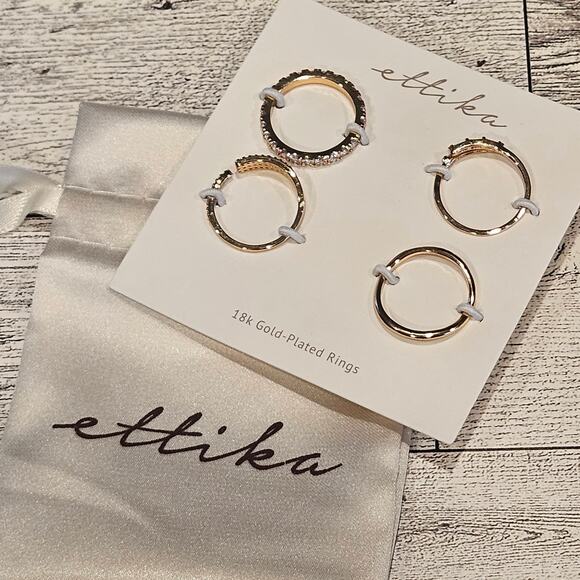 Ettika 18K Gold Plated Crystal Embellished Ring Set of Four Glam Stack Size 8 - Picture 4 of 9